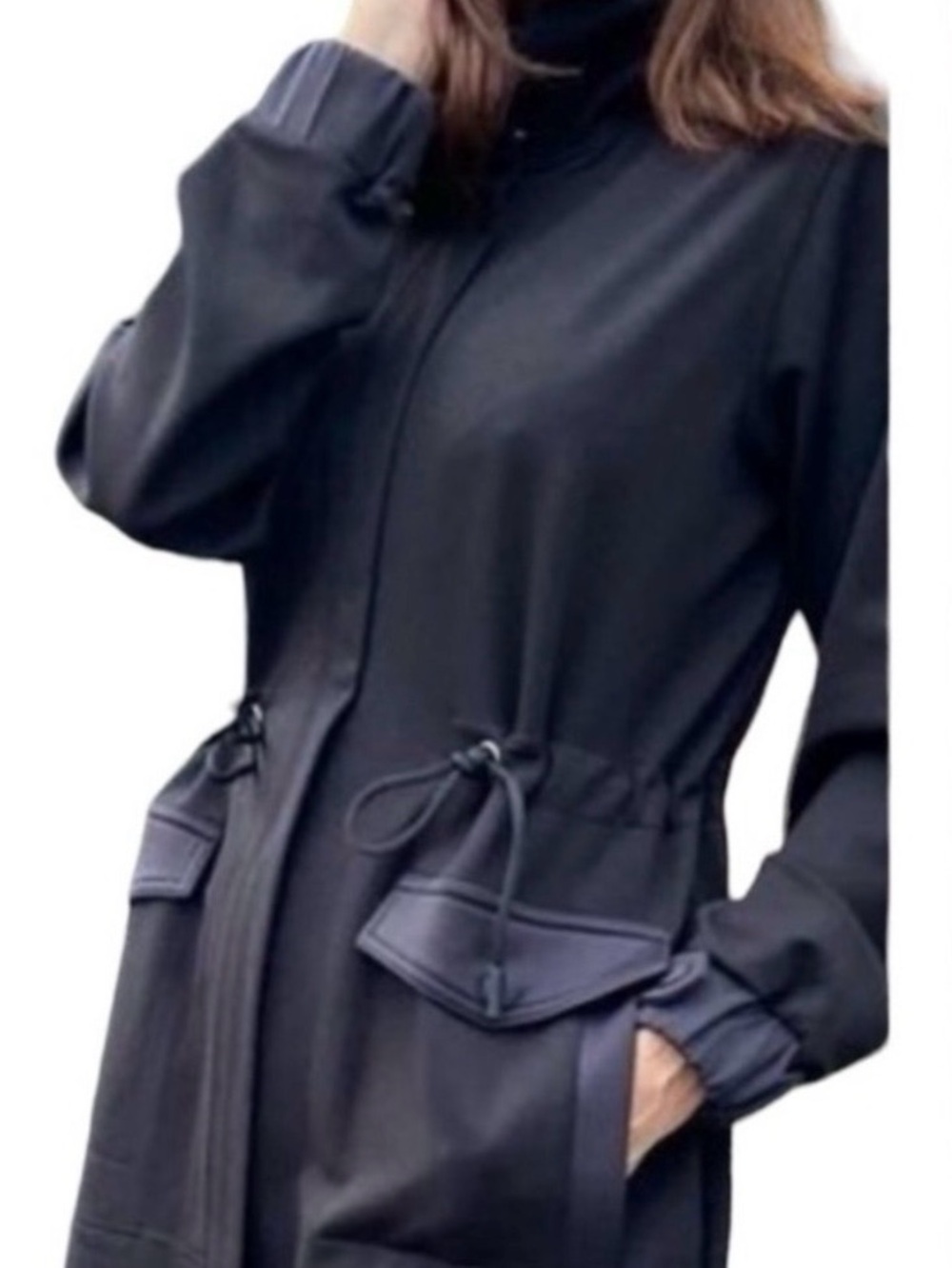 CAbi Black Cinch-Waist Long Jacket with Flap Pockets